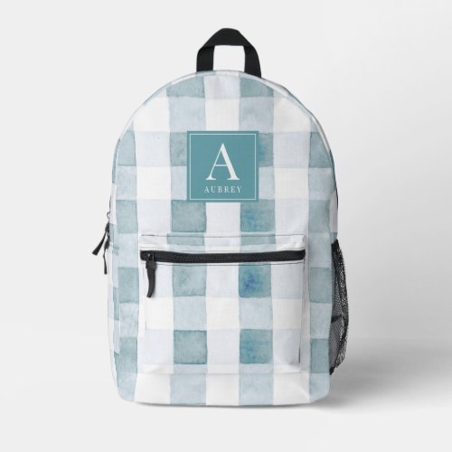 Blue GinghamBuffalo Plaid Watercolor Monogram Printed Backpack