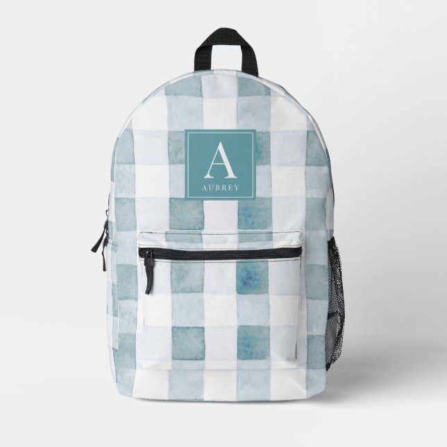 Blue Gingham/Buffalo Plaid Watercolor Monogram Printed Backpack (Front)