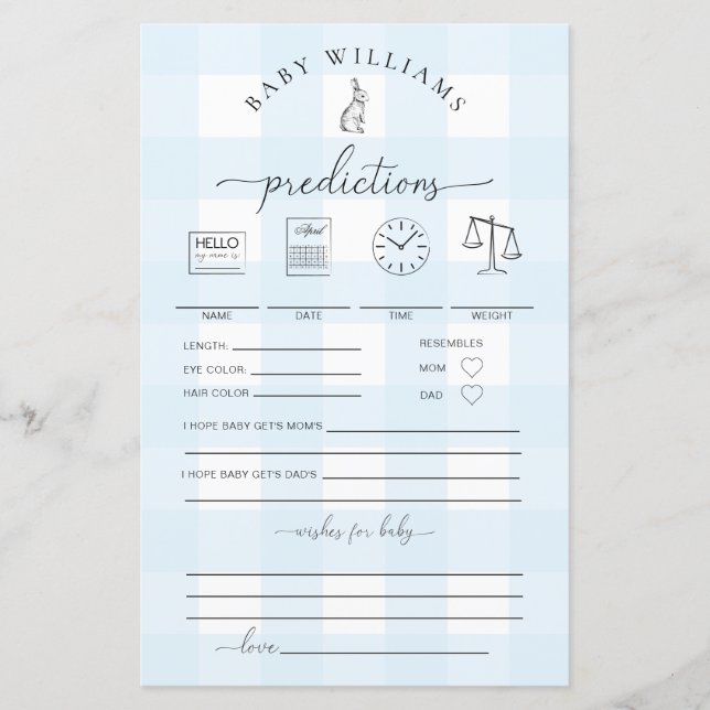 Blue Gingham Bunny Baby Predictions Game (Front)