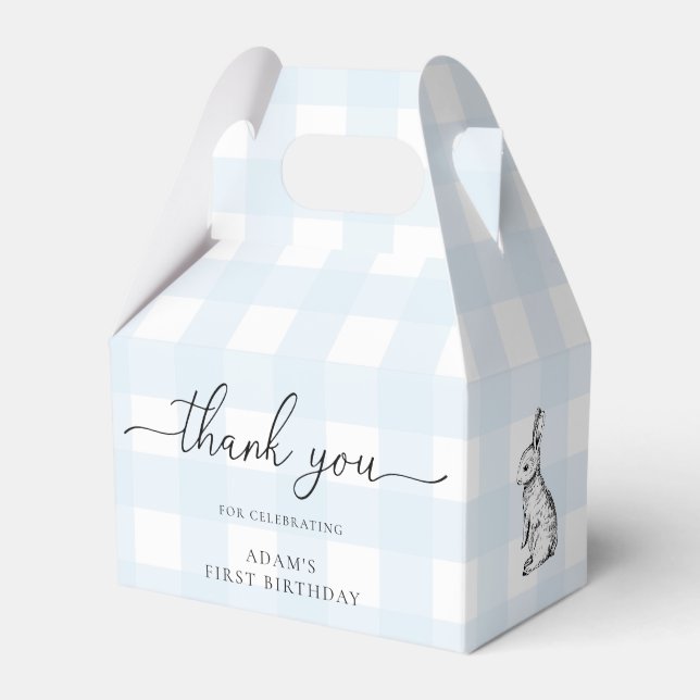 Blue Gingham Bunny Birthday Thank You Favor Box (Front Side)
