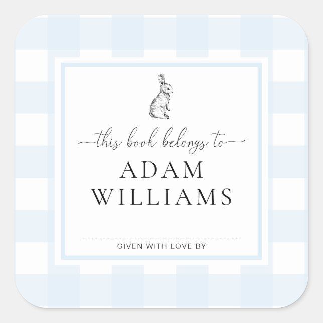 Blue Gingham Bunny Bookplate Sticker (Front)