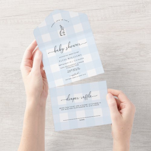 Blue Gingham Bunny Rabbit Baby Shower All In One Invitation