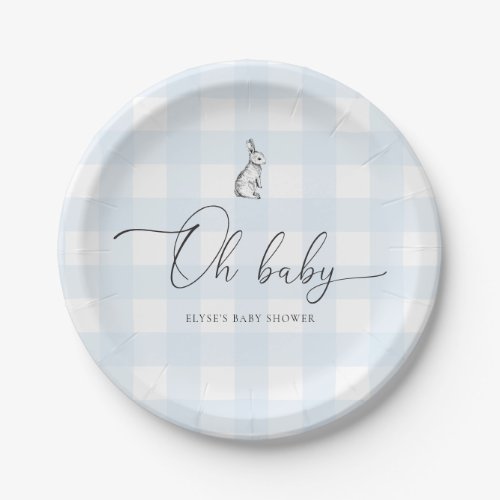Blue Gingham Bunny Rabbit Baby Shower Paper Plates