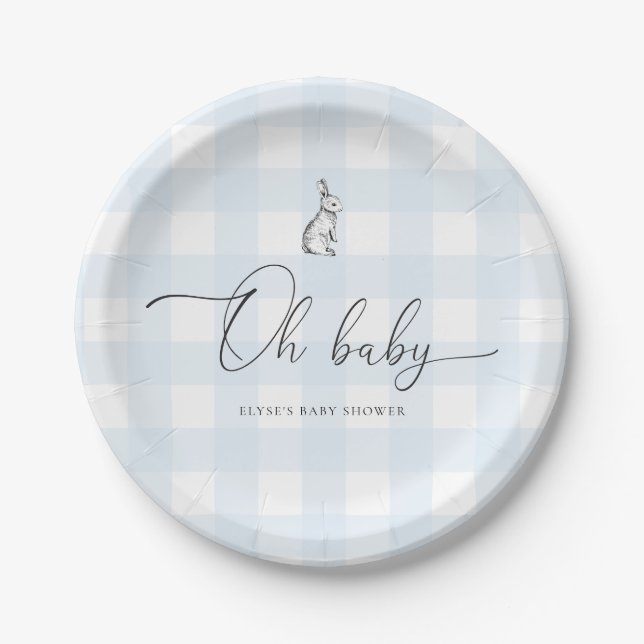 Blue Gingham Bunny Rabbit Baby Shower Paper Plates (Front)