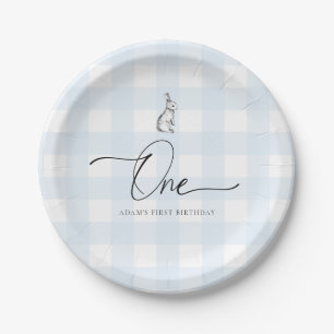 Blue Gingham Bunny Rabbit First Birthday Paper Plates