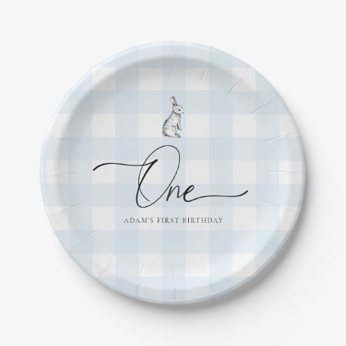 Blue Gingham Bunny Rabbit First Birthday Paper Plates