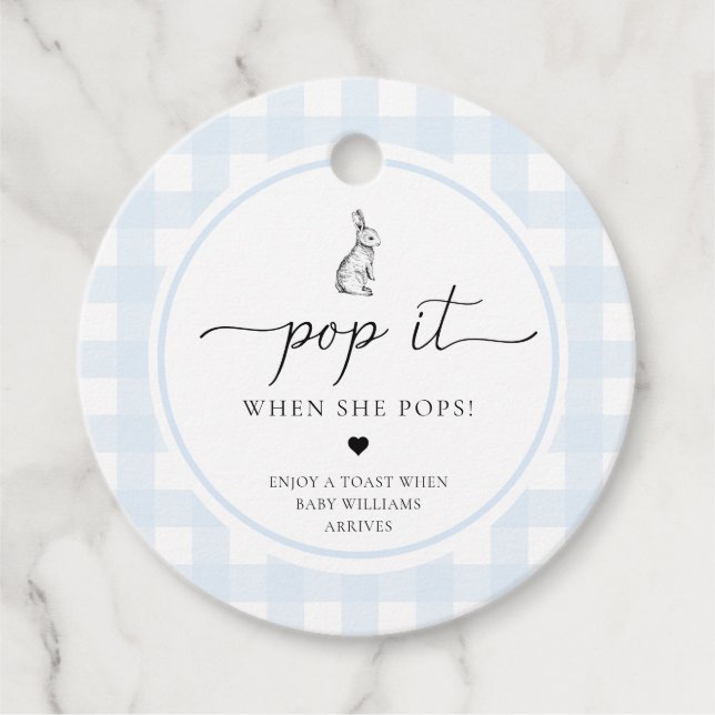 Blue Gingham Bunny Rabbit Pop It When She Pops Favor Tags (Front)