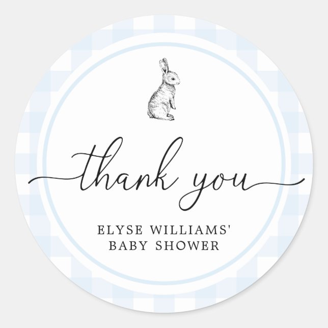 Blue Gingham Bunny Rabbit Shower Favor Sticker (Front)