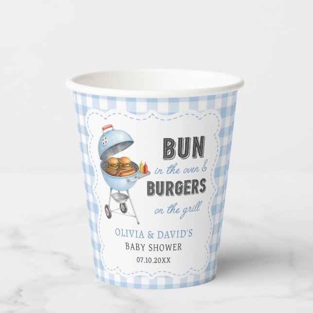 Blue Gingham Burger BBQ Baby Shower Paper Cups (Front)