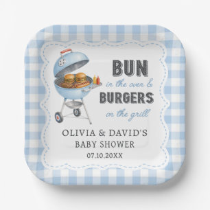 Blue Gingham Burger BBQ Baby Shower Paper Plates