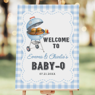 Blue Gingham Burger BBQ Baby Shower Welcome Foam Board