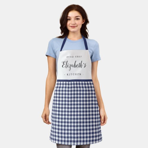 Blue gingham check adult personalized cooking apron