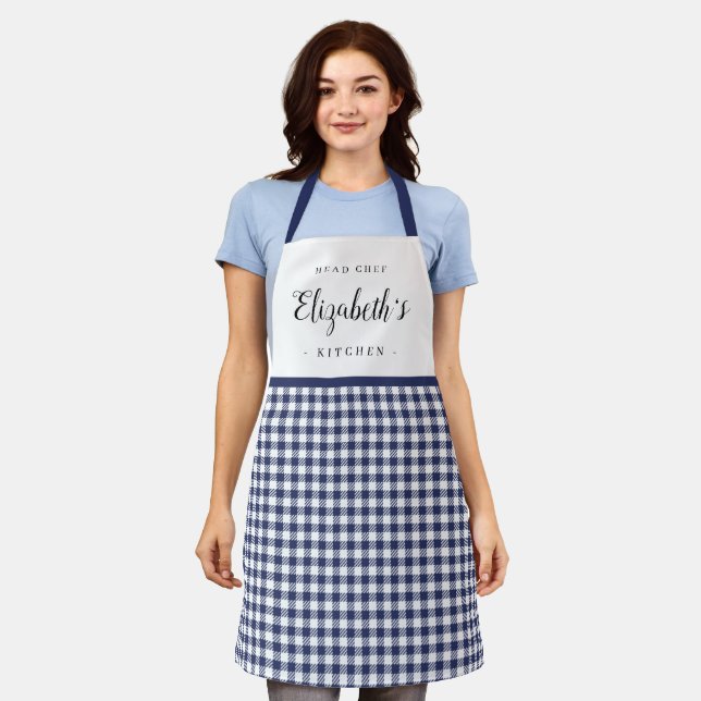 Blue gingham check adult personalized cooking apron (Worn)