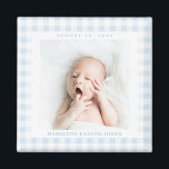 Blue Gingham Check Baby Birthdate Magnet<br><div class="desc">Sweet baby blue gingham check is a charming way to frame the photo of a new baby and celebrate the arrival with a square magnet featuring the name and birthdate. Make this baby magnet for a new parent,  grandparents and family or friends.</div>