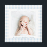 Blue Gingham Check Baby Birthdate Magnet<br><div class="desc">Sweet baby blue gingham check is a charming way to frame the photo of a new baby and celebrate the arrival with a square magnet featuring the name and birthdate. Make this baby magnet for a new parent,  grandparents and family or friends.</div>