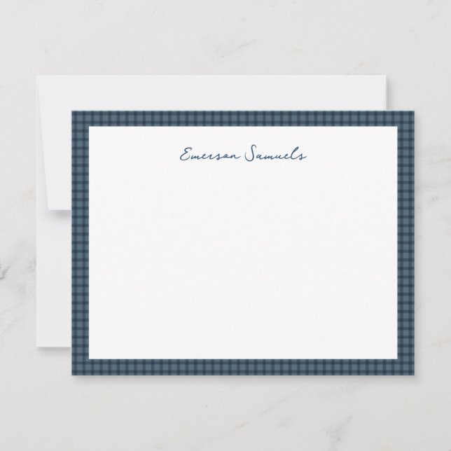 Blue gingham check frame personalized note card (Front)