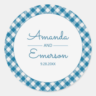 Blue Gingham Check Fun Casual Custom Wedding Favor Classic Round Sticker