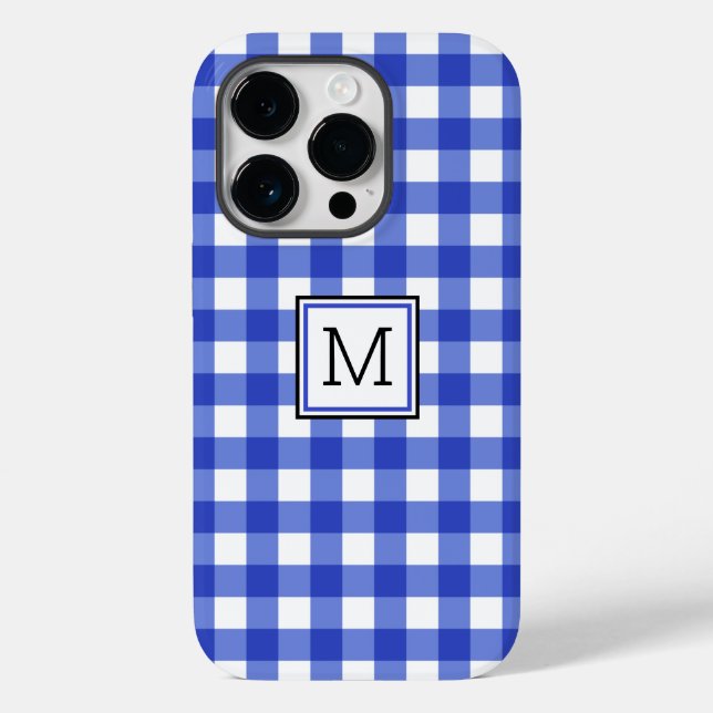 Blue Gingham Check Monogram Case-Mate iPhone Case (Back)