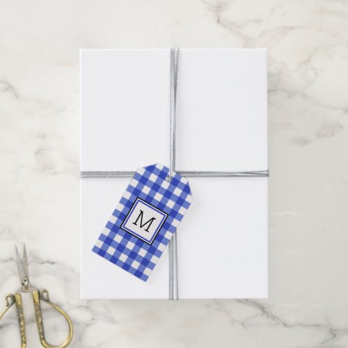 Blue Gingham Check Monogram Gift Tags