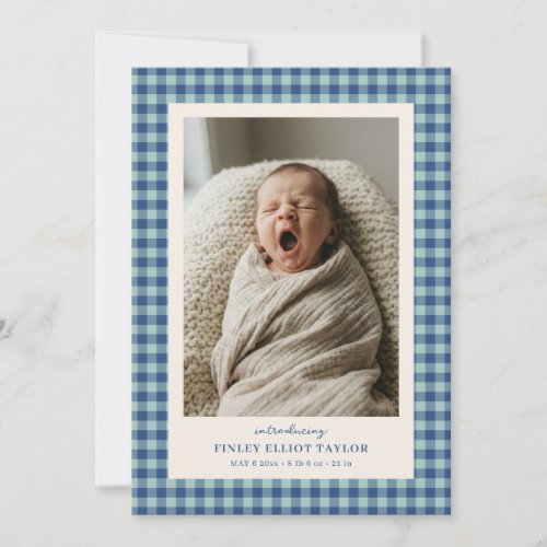 Blue Gingham Check Newborn Photo Baby Boy Birth Announcement
