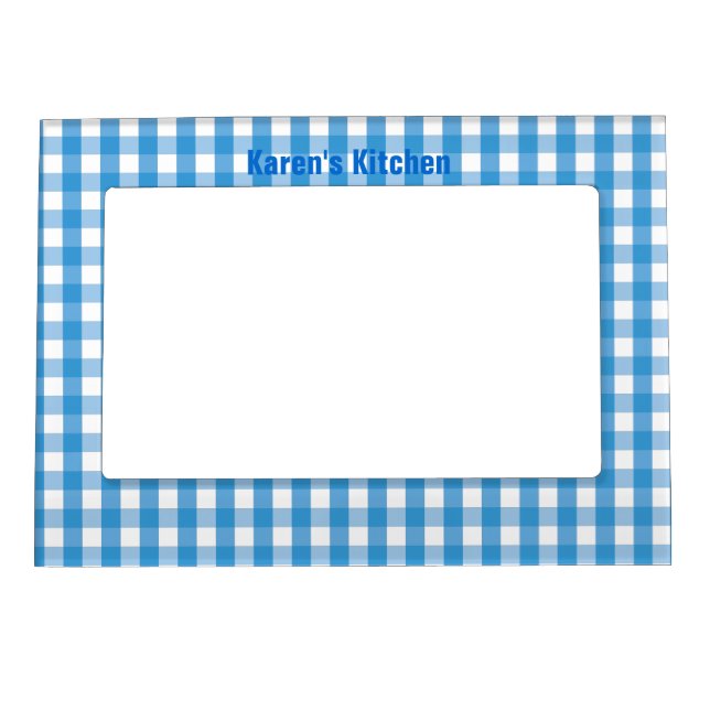 Blue Gingham Check Pattern Magnetic Photo Frame (Front)
