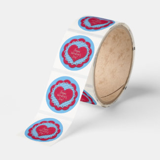Blue Gingham Check Red Felt Look Valentine Cute Classic Round Sticker