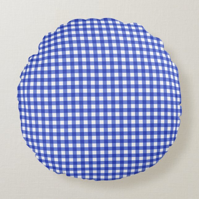 Blue Gingham Check Round Pillow (Front)