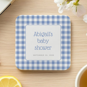 Blue Gingham Check Rustic Boys Baby Shower Square Paper Coaster