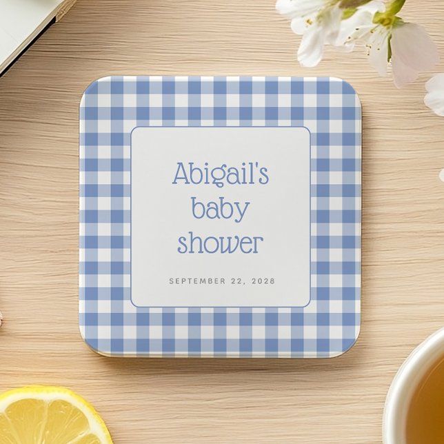 Blue Gingham Check Rustic Boys Baby Shower Square Paper Coaster (Creator Uploaded)