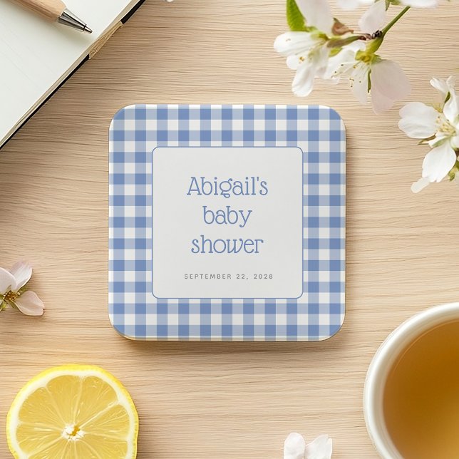 Blue Gingham Check Rustic Boys Baby Shower Square Paper Coaster (Creator Uploaded)