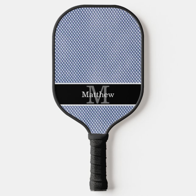 Blue Gingham Checkered Initial Monogram Pickleball Paddle (Front)
