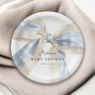 Blue Gingham Checks Bow Baby Shower Paper Plates
