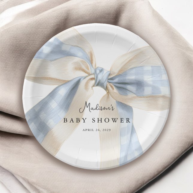 Blue Gingham Checks Bow Baby Shower Paper Plates (Creator Uploaded)