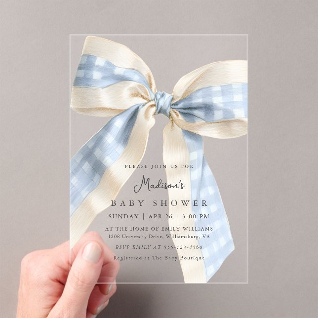 Blue Gingham Checks Bow Cute Baby Shower Acrylic Invitations (Insitu (Handheld))