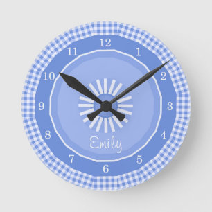 Blue Gingham Checks Numbered Round Clock