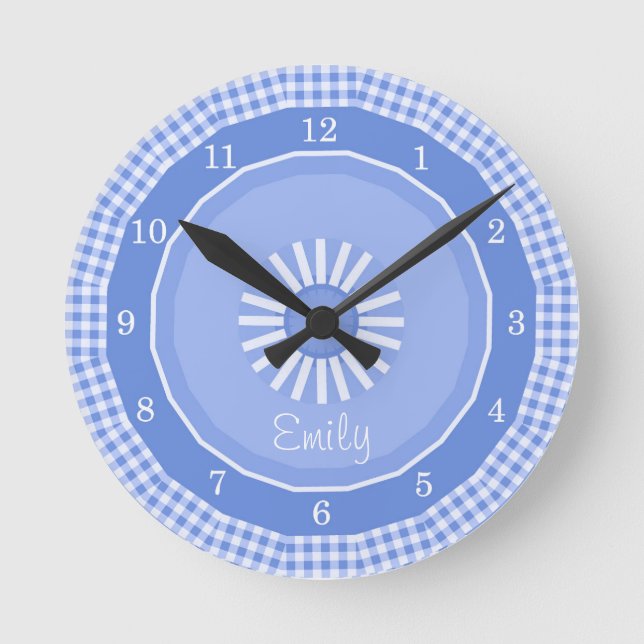 Blue Gingham Checks Numbered Round Clock (Front)