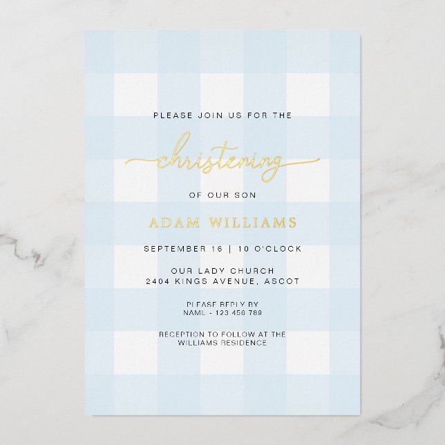Blue Gingham Christening Gold Foil Invitation (Front)