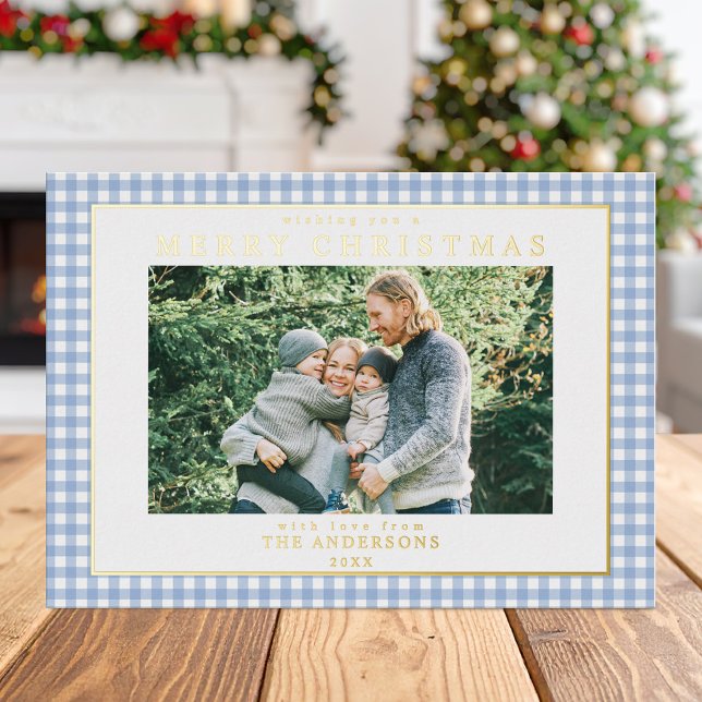 Blue Gingham Christmas Photo Foil Holiday Card (Creator Uploaded)