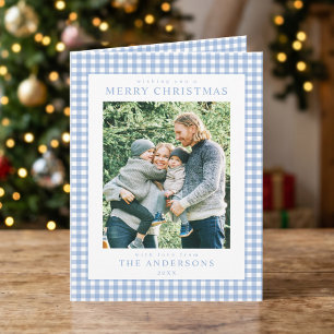 Blue Gingham Christmas Photo Holiday Card