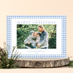 Blue Gingham Christmas Photo Holiday Card<br><div class="desc">Create your own custom photo Christmas cards featuring one of your favorite family pictures alongside personalized minimalist typography name and year on a cute blue gingham plaid pattern background.</div>