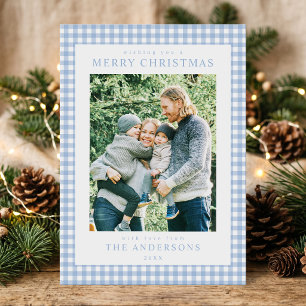 Blue Gingham Christmas Photo Holiday Card