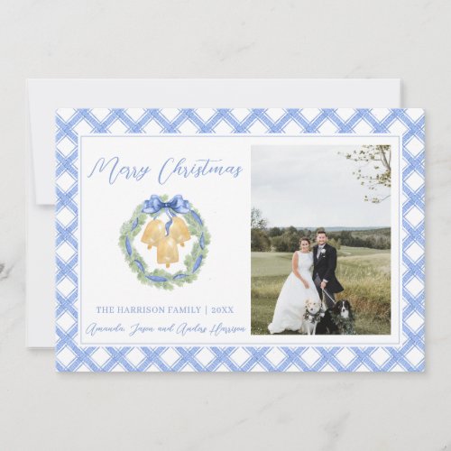 Blue Gingham Christmas Wreath Bells Vintage Photo  Holiday Card
