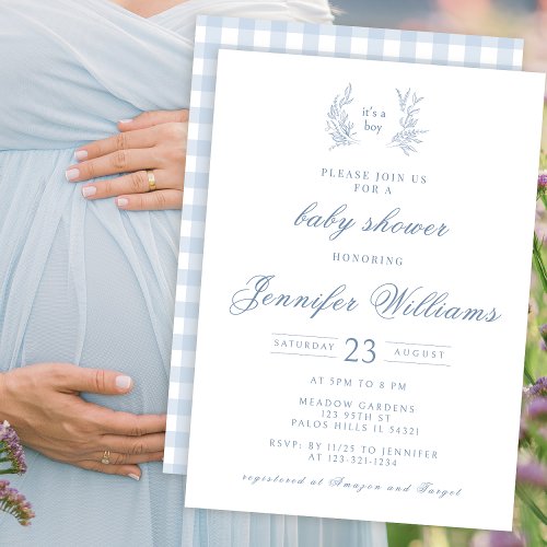 Blue gingham classic baby boy shower invitation