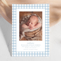 Blue gingham classic simple two photo birth announcement