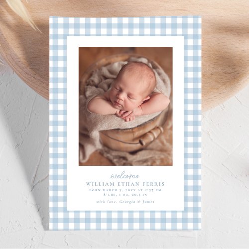 Blue gingham classic simple two photo birth announcement