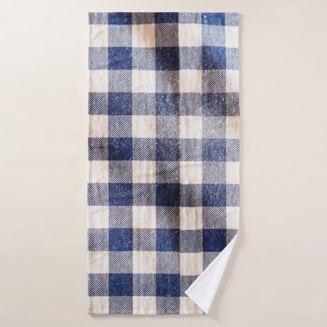 blue gingham cloth closeup, shirts fabric texture  (Bath Towel)