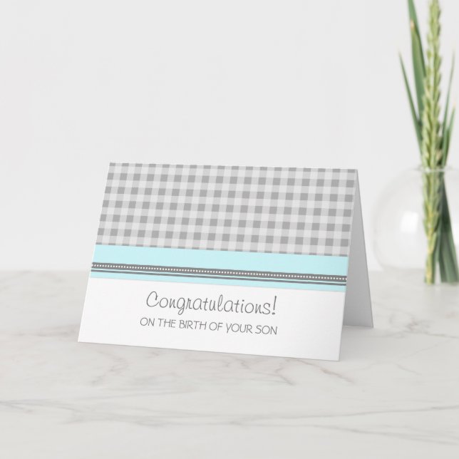 Blue Gingham Congratulations New Baby Boy Card (Front)
