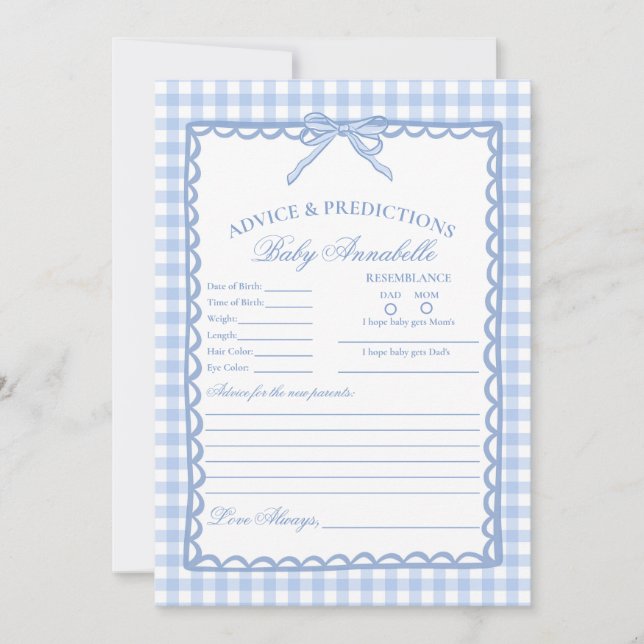 Blue Gingham Coquette Bow Advice for Baby Card (Front)