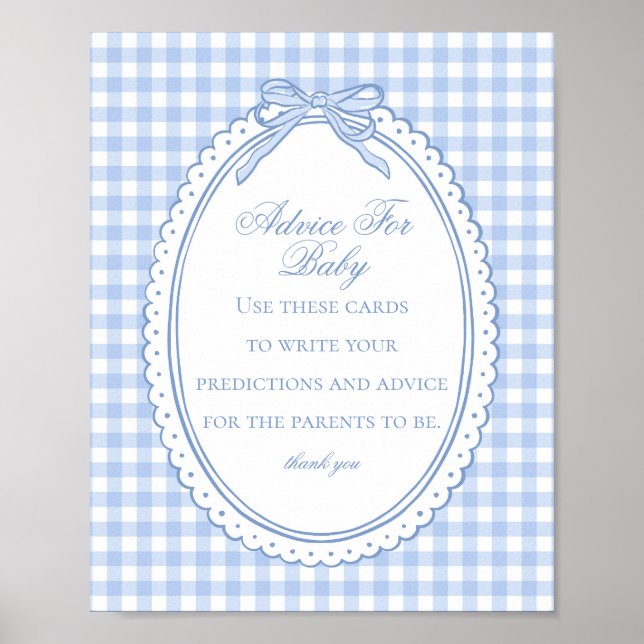 Blue Gingham Coquette Bow Advice for Baby Shower Poster (Front)