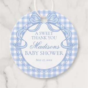 Blue Gingham Coquette Bow Baby Shower Circle Favor Tags
